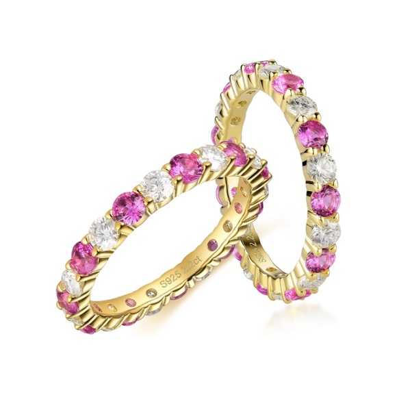 18k Diamond Pink Sapphire Eternity Ring Band - Picture 6 of 10